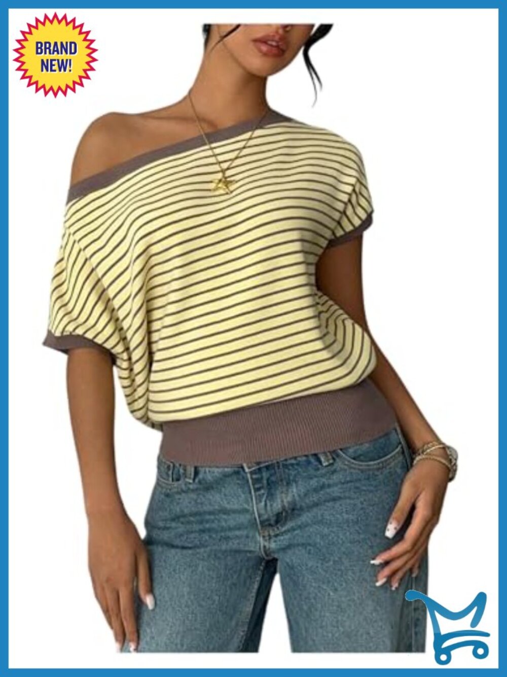 Women's Striped Off Shoulder Short Sleeve Knit T Shirt Asymmetrical Neck Top